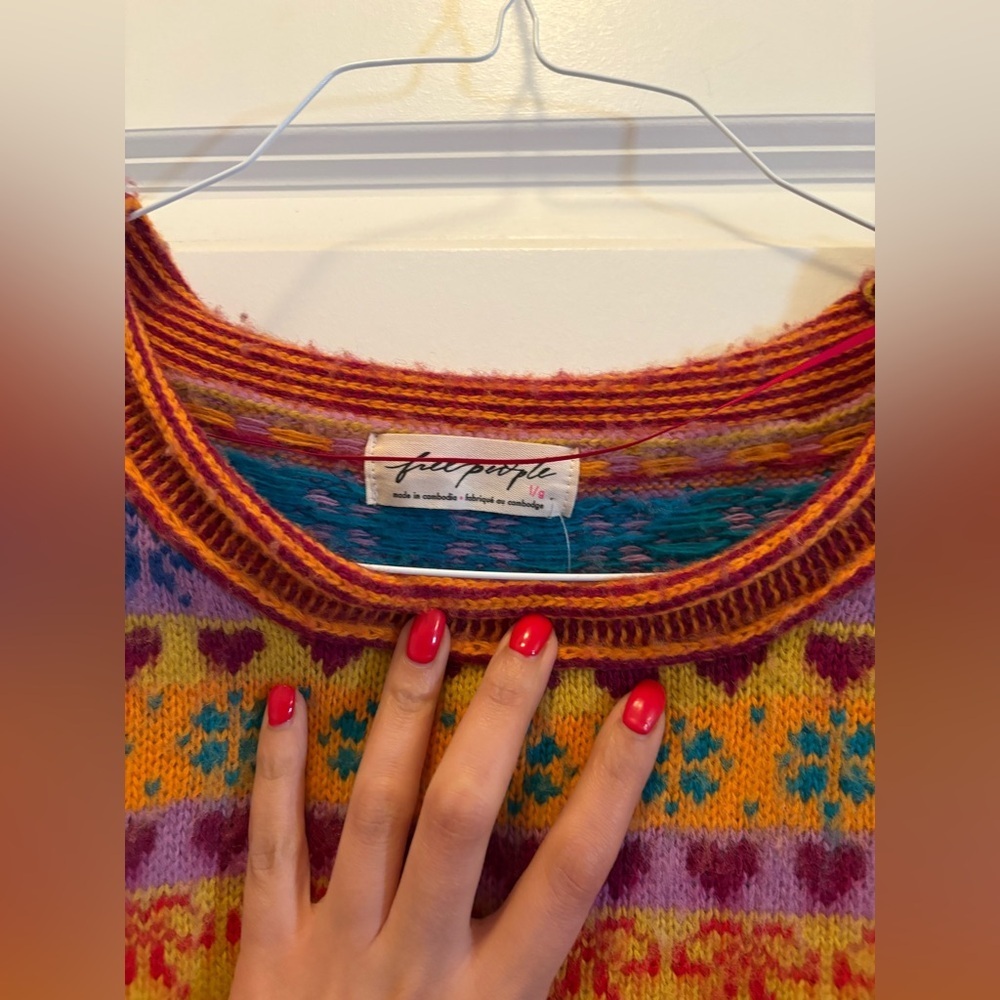 Free People Favorite Things Wool Sweater Bright Confetti Jacquard Knit Size L - Picture 13 of 16